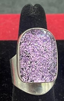 Barbie Koncher Heavy 21g Pink Lavender Dichroic Glass Sterling Silver Ring Signed