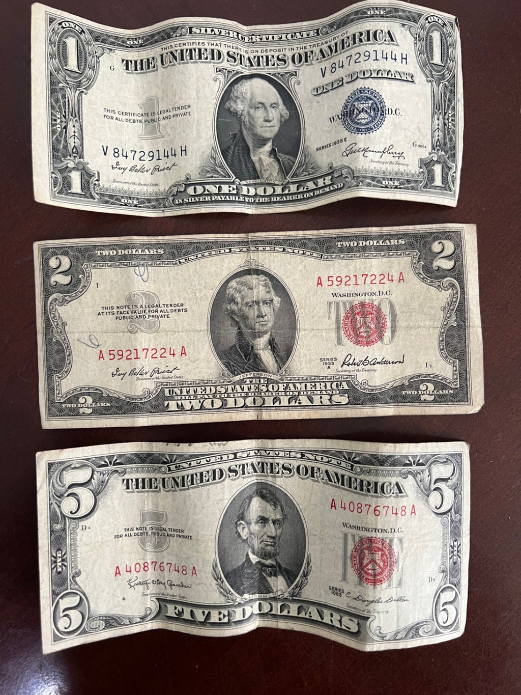 Vintage US Currency Lot $5 Red Seal 1963, $2 Red Seal 1953A, $1 Blue Seal 1935E