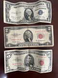 Vintage US Currency Lot $5 Red Seal 1963, $2 Red Seal 1953A, $1 Blue Seal 1935E