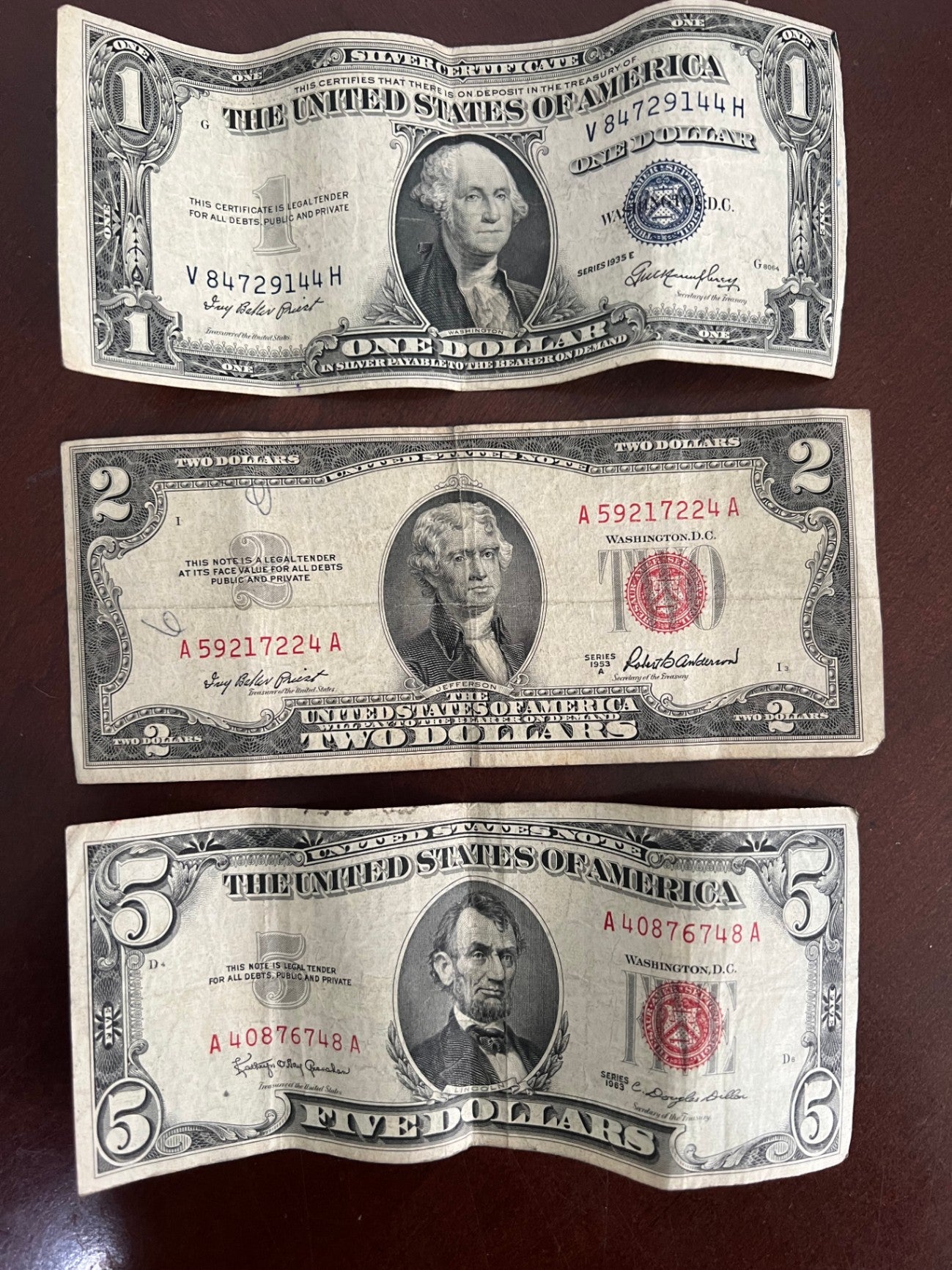 Vintage US Currency Lot $5 Red Seal 1963, $2 Red Seal 1953A, $1 Blue Seal 1935E