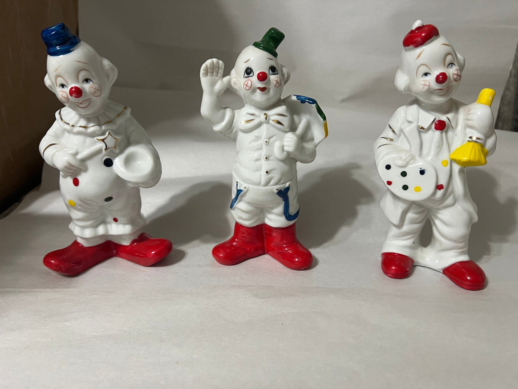 Lot of 3 Vintage UCGC Taiwan Porcelain Clown Figurines Hand Painted Gold Trim