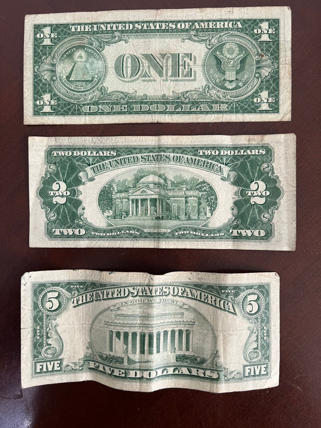 Vintage US Currency Lot $5 Red Seal 1963, $2 Red Seal 1953, $1 Blue Seal 1935D