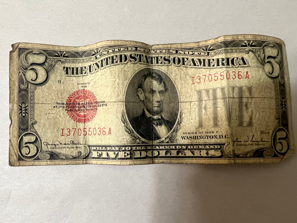 intage US Red Seal Note Lot $5 1928F & $2 1928D plus $1 Silver Cert 1957B