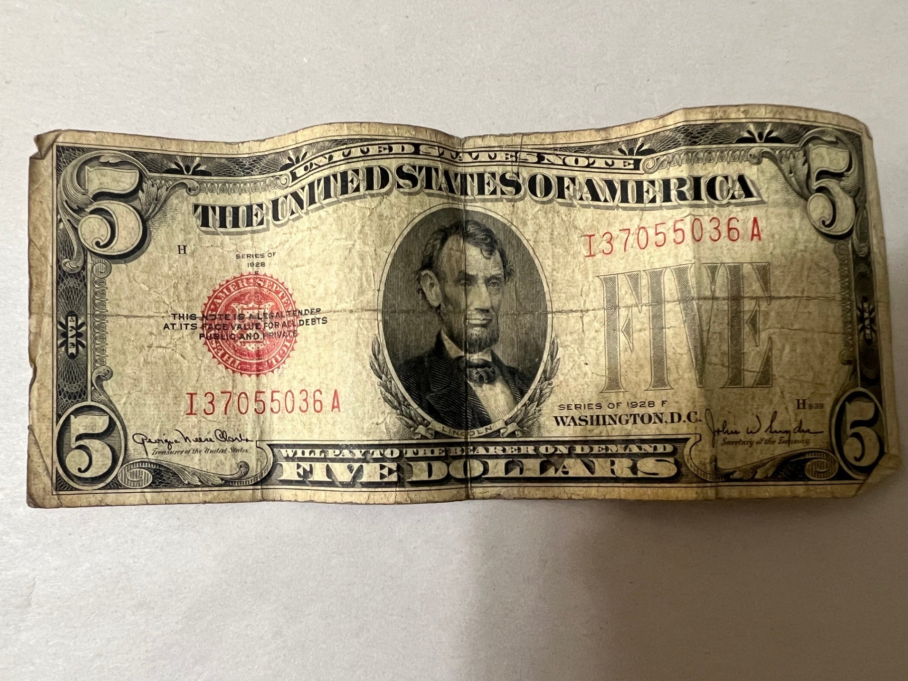 intage US Red Seal Note Lot $5 1928F & $2 1928D plus $1 Silver Cert 1957B