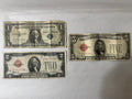 intage US Red Seal Note Lot $5 1928F & $2 1928D plus $1 Silver Cert 1957B