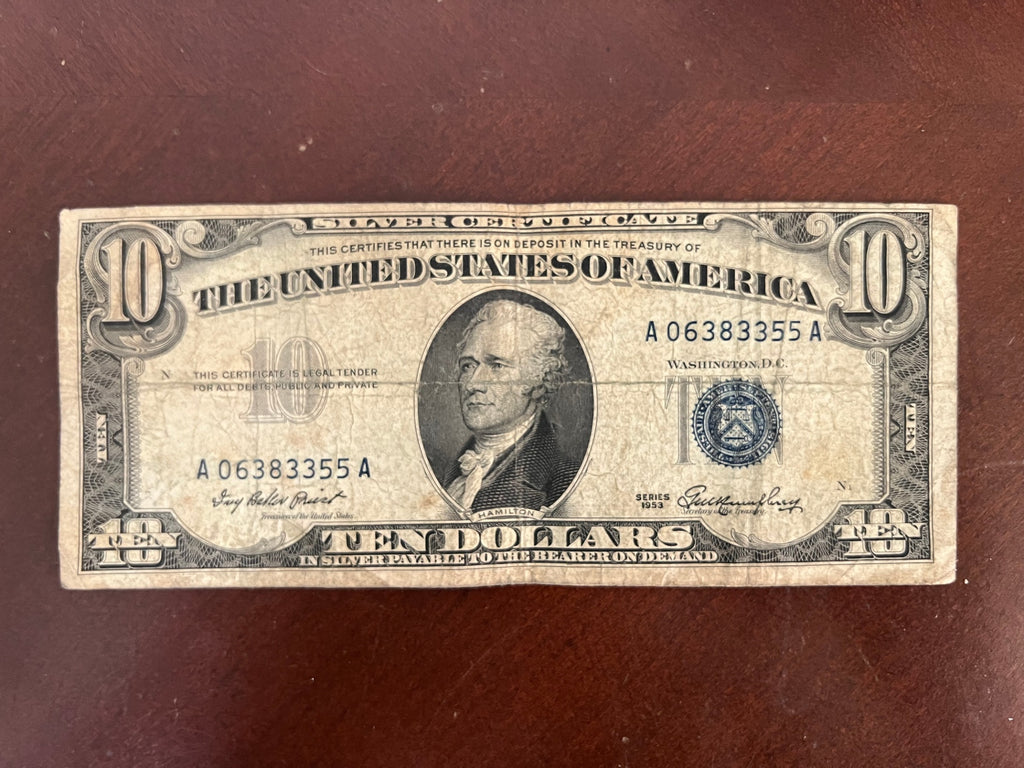 Vintage Series 1953 $10 Silver Certificate Blue Seal Serial A06383355A