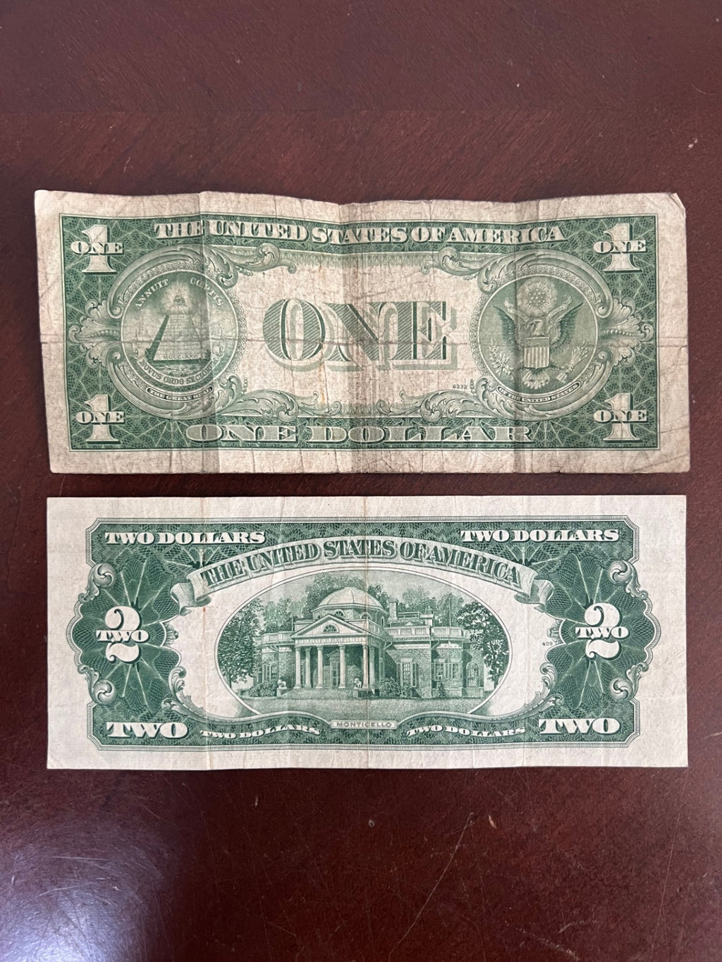 Vintage US Currency Lot $2 Red Seal 1953A and $1 Silver Certificate 1935E