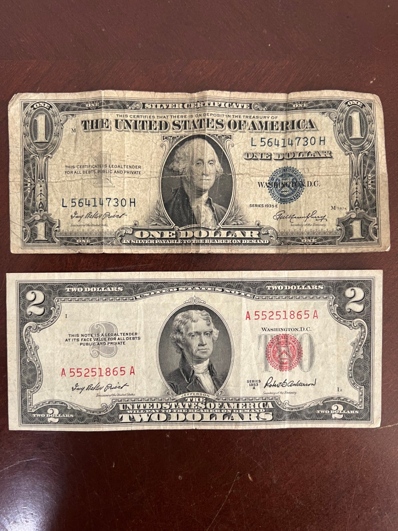 Vintage US Currency Lot $2 Red Seal 1953A and $1 Silver Certificate 1935E