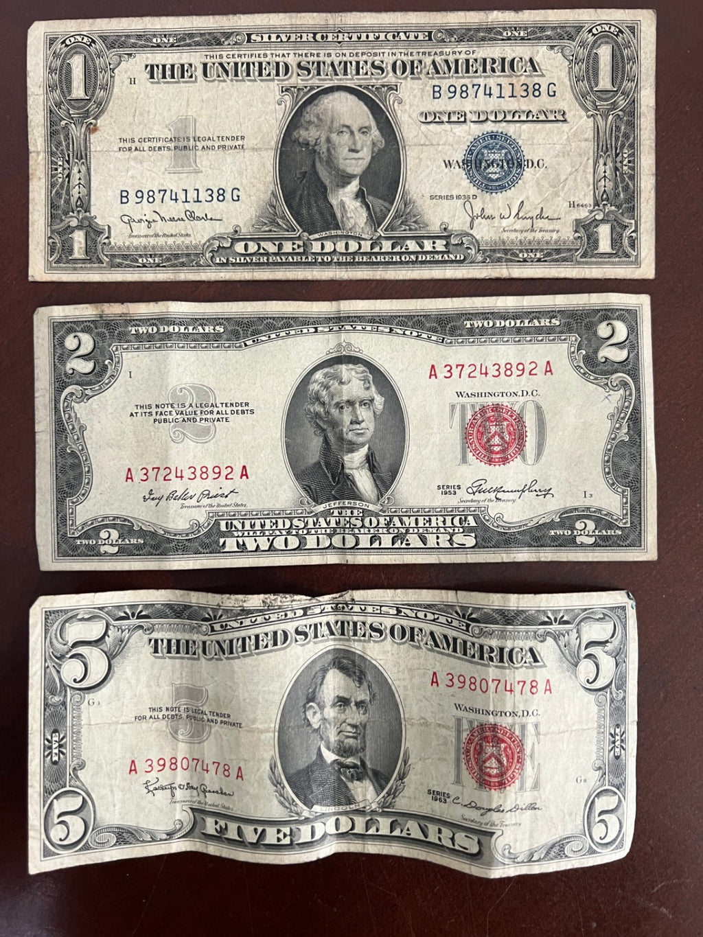 Vintage US Currency Lot $5 Red Seal 1963, $2 Red Seal 1953, $1 Blue Seal 1935D