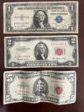 Vintage US Currency Lot $5 Red Seal 1963, $2 Red Seal 1953, $1 Blue Seal 1935D