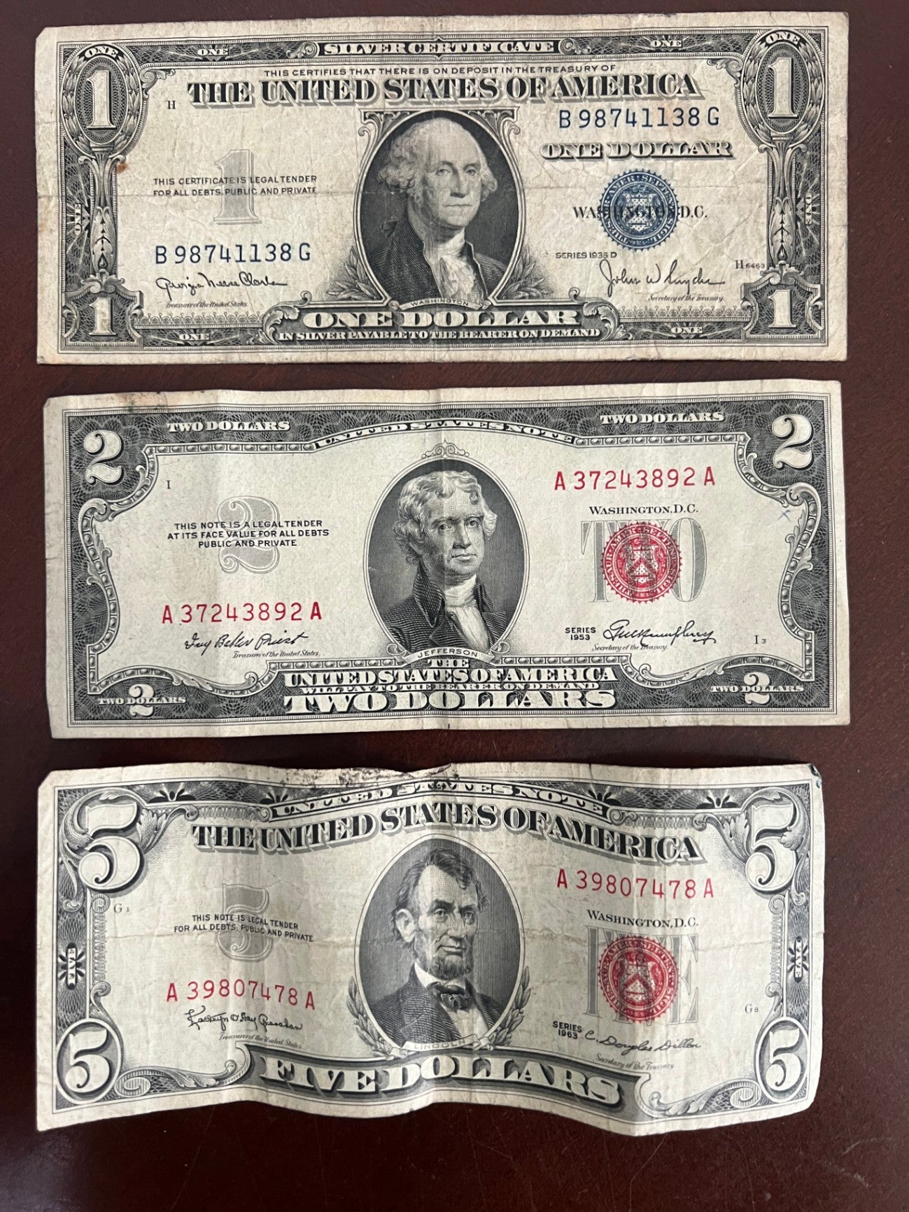 Vintage US Currency Lot $5 Red Seal 1963, $2 Red Seal 1953, $1 Blue Seal 1935D