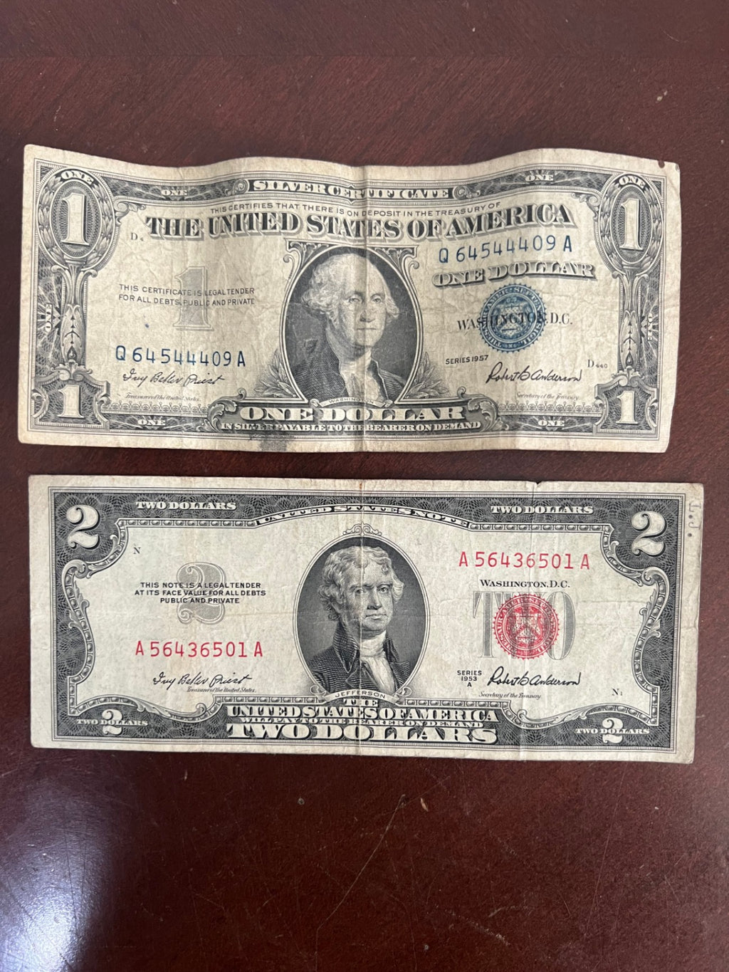 Vintage US Currency Lot $2 Red Seal 1953A and $1 Silver Certificate 1957