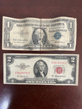 Vintage US Currency Lot $2 Red Seal 1953A and $1 Silver Certificate 1957