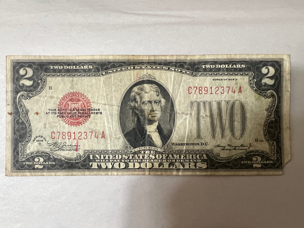 intage US Red Seal Note Lot $5 1928F & $2 1928D plus $1 Silver Cert 1957B