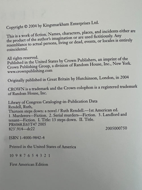 13 Steps Down Ruth Rendell 1st Printing HB