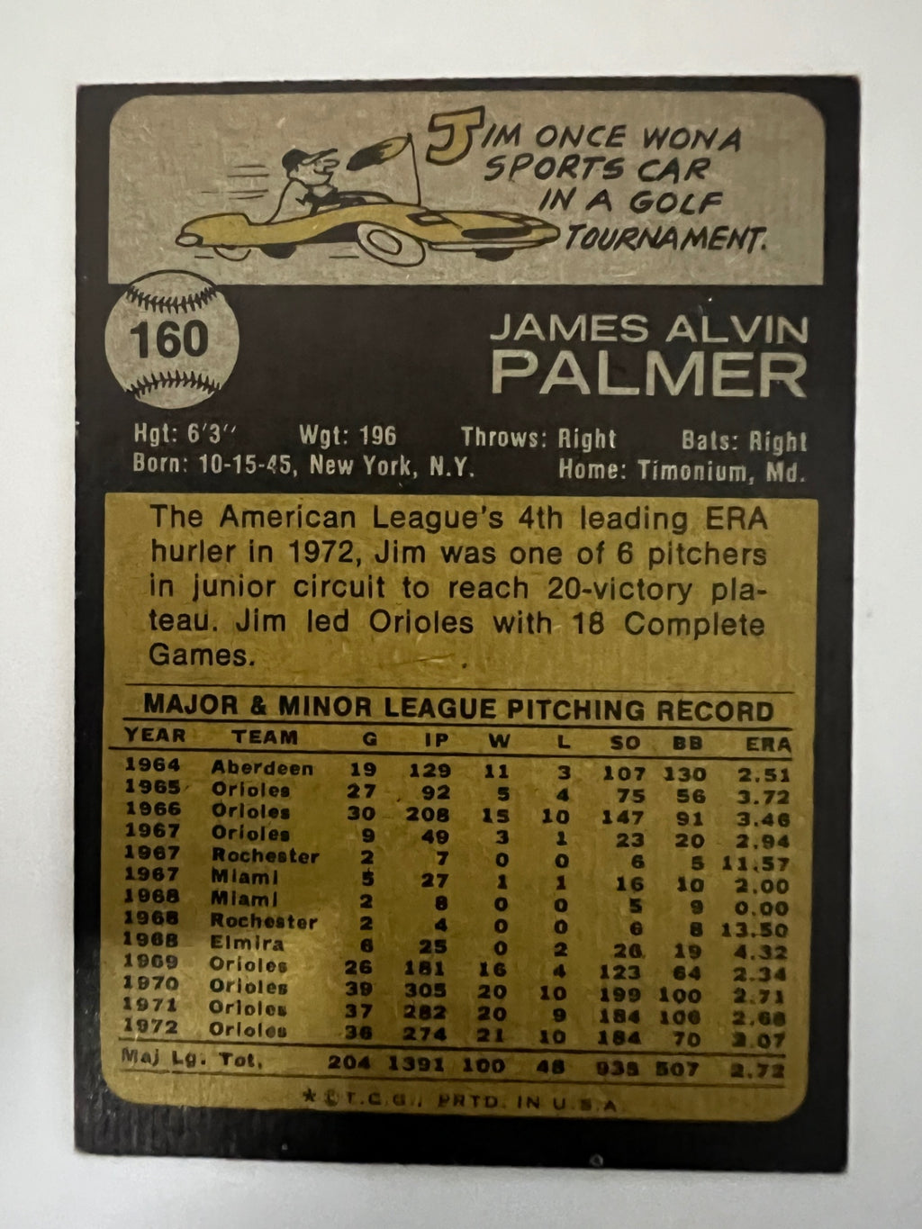 1973 Topps Jim Palmer #160 Baltimore Orioles HOF