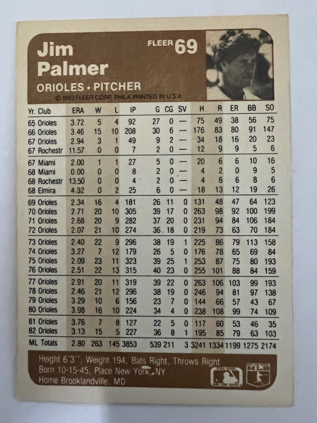 1983 Fleer Jim Palmer #69 Orioles HOF