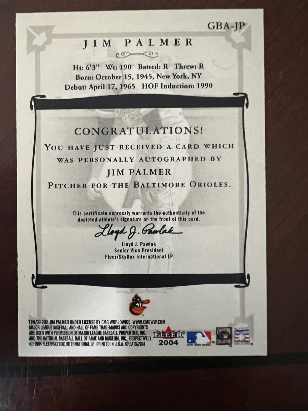 2004 Fleer Greats of the Game Jim Palmer GBA-JP Auto