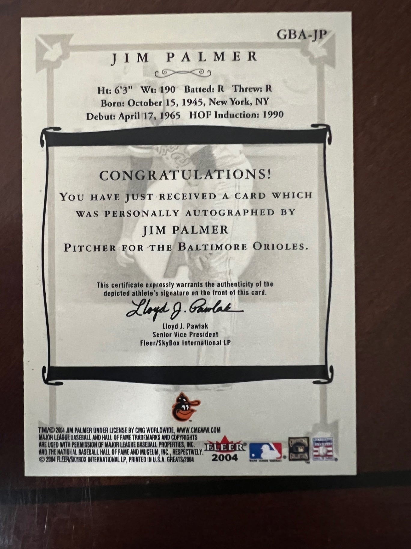 2004 Fleer Greats of the Game Jim Palmer GBA-JP Auto