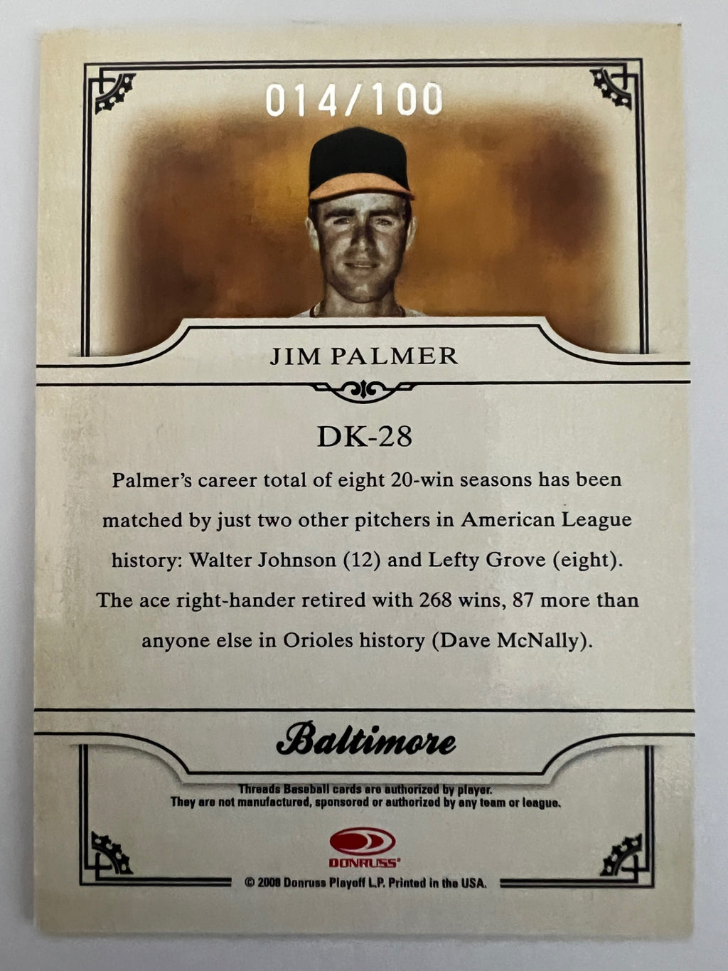2008 Donruss Threads Jim Palmer #DK-28 014/100