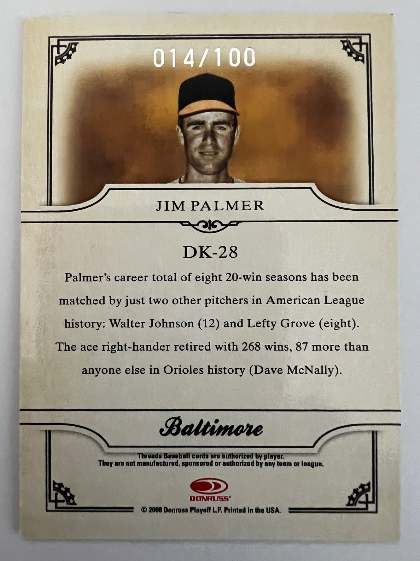 2008 Donruss Threads Jim Palmer #DK-28 014/100