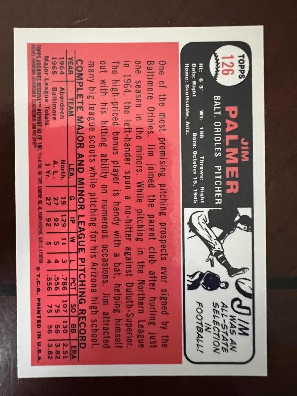 2001 Topps Archives Reserve Jim Palmer #92 1966 Rookie