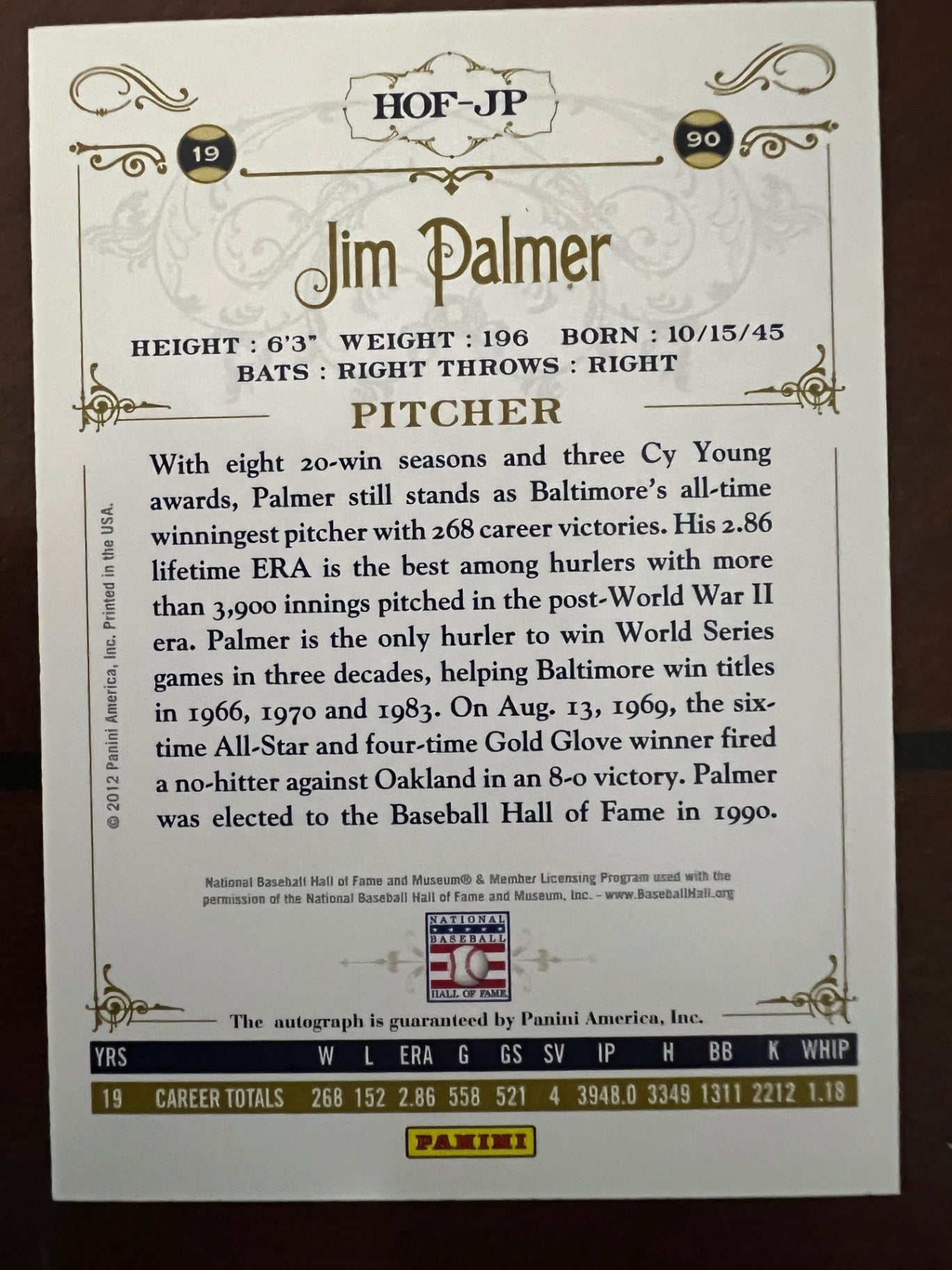 2012 Panini Cooperstown Jim Palmer Auto /350 HOF