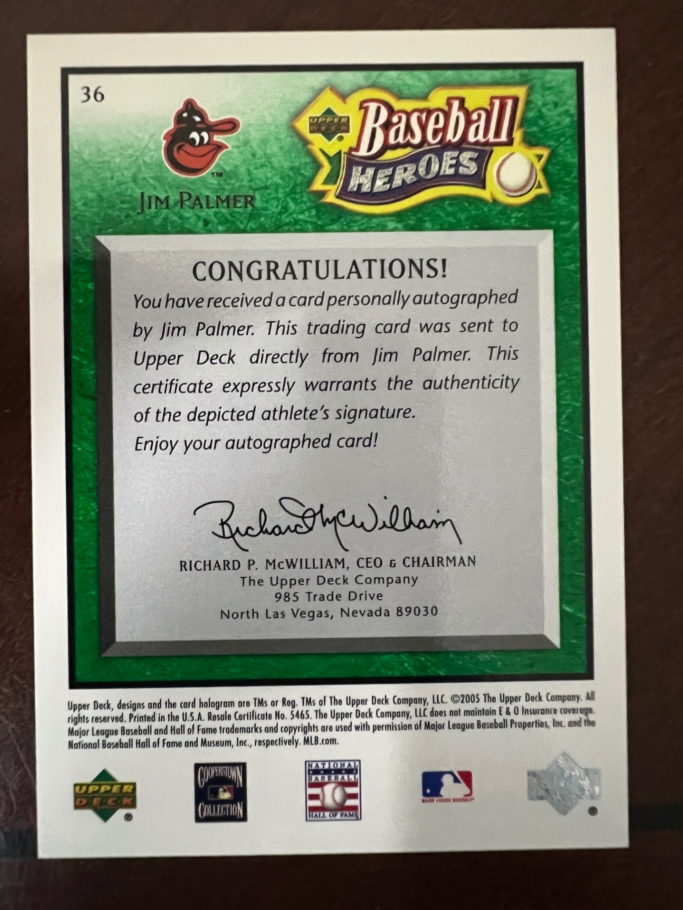 2005 Upper Deck Baseball Heroes Jim Palmer Auto /99