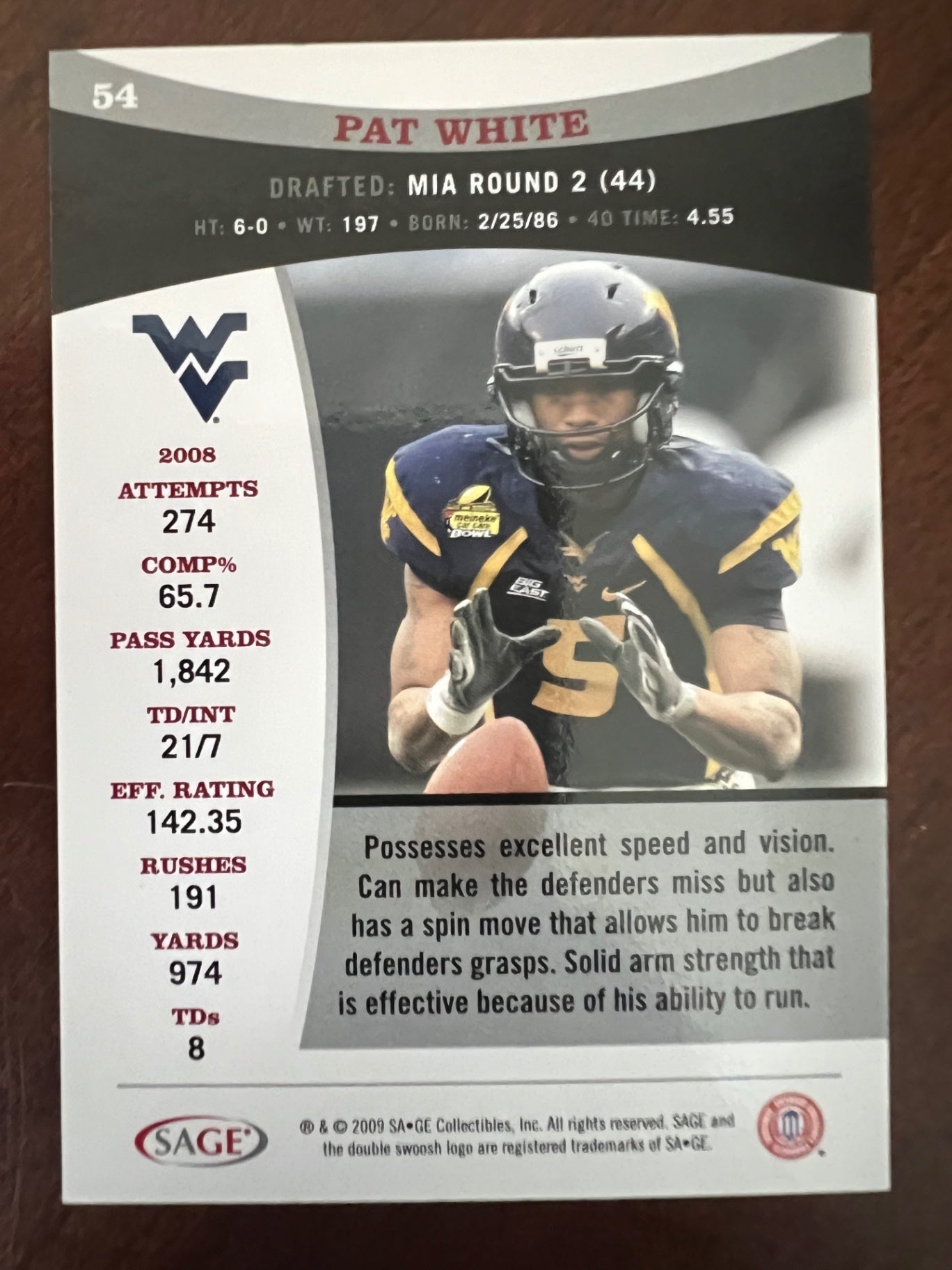 2009 SA-GE Sage Pat White #54 Rookie RC