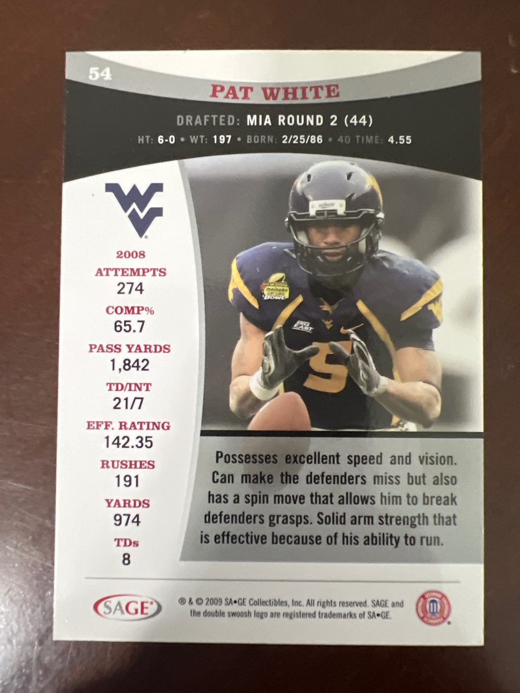 2009 SA-GE Sage Pat White #54 Rookie RC