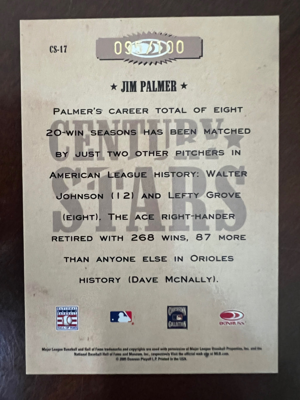 2005 Playoff Cooperstown Jim Palmer #CS-17 /100