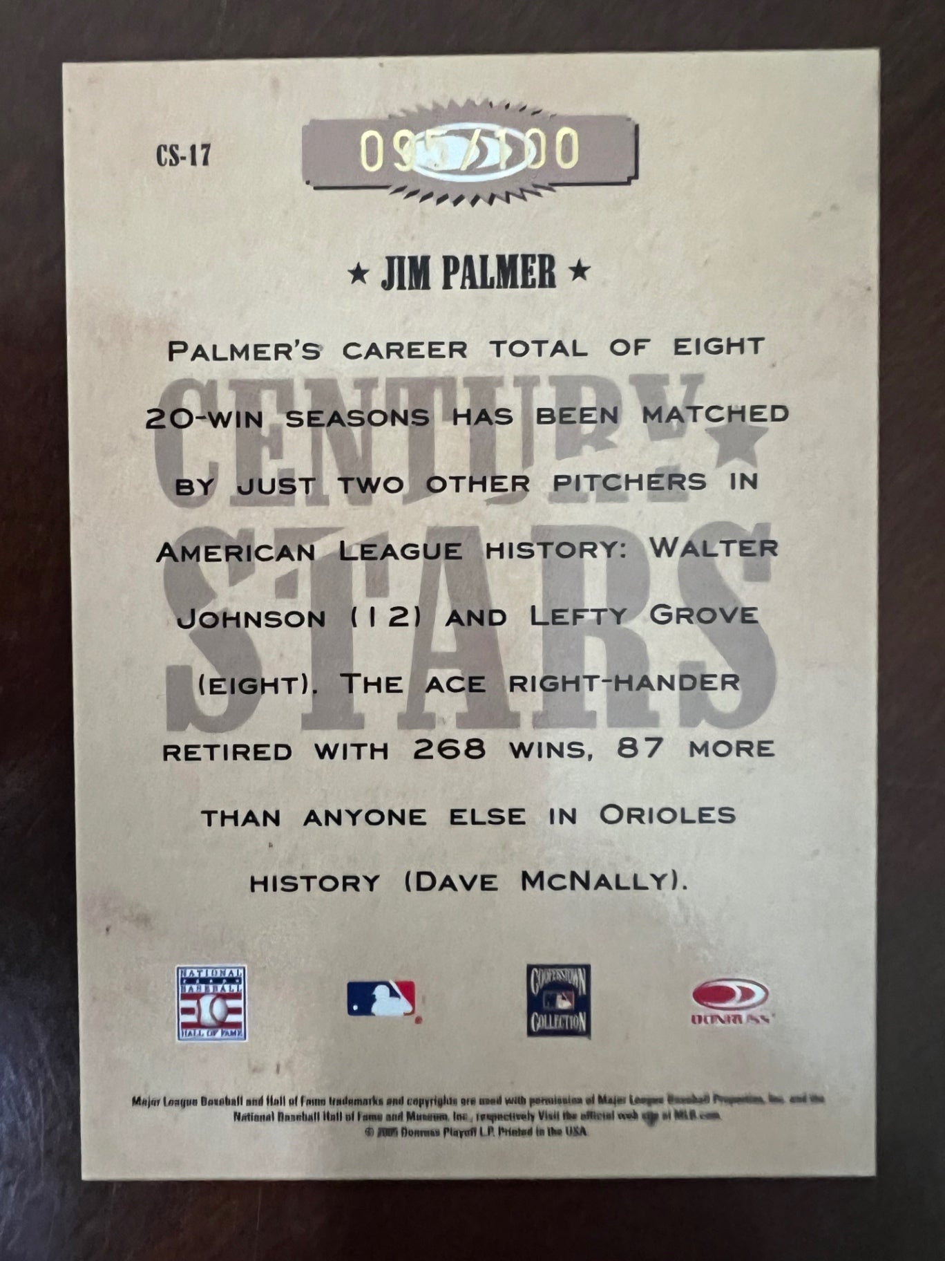 2005 Playoff Cooperstown Jim Palmer #CS-17 /100