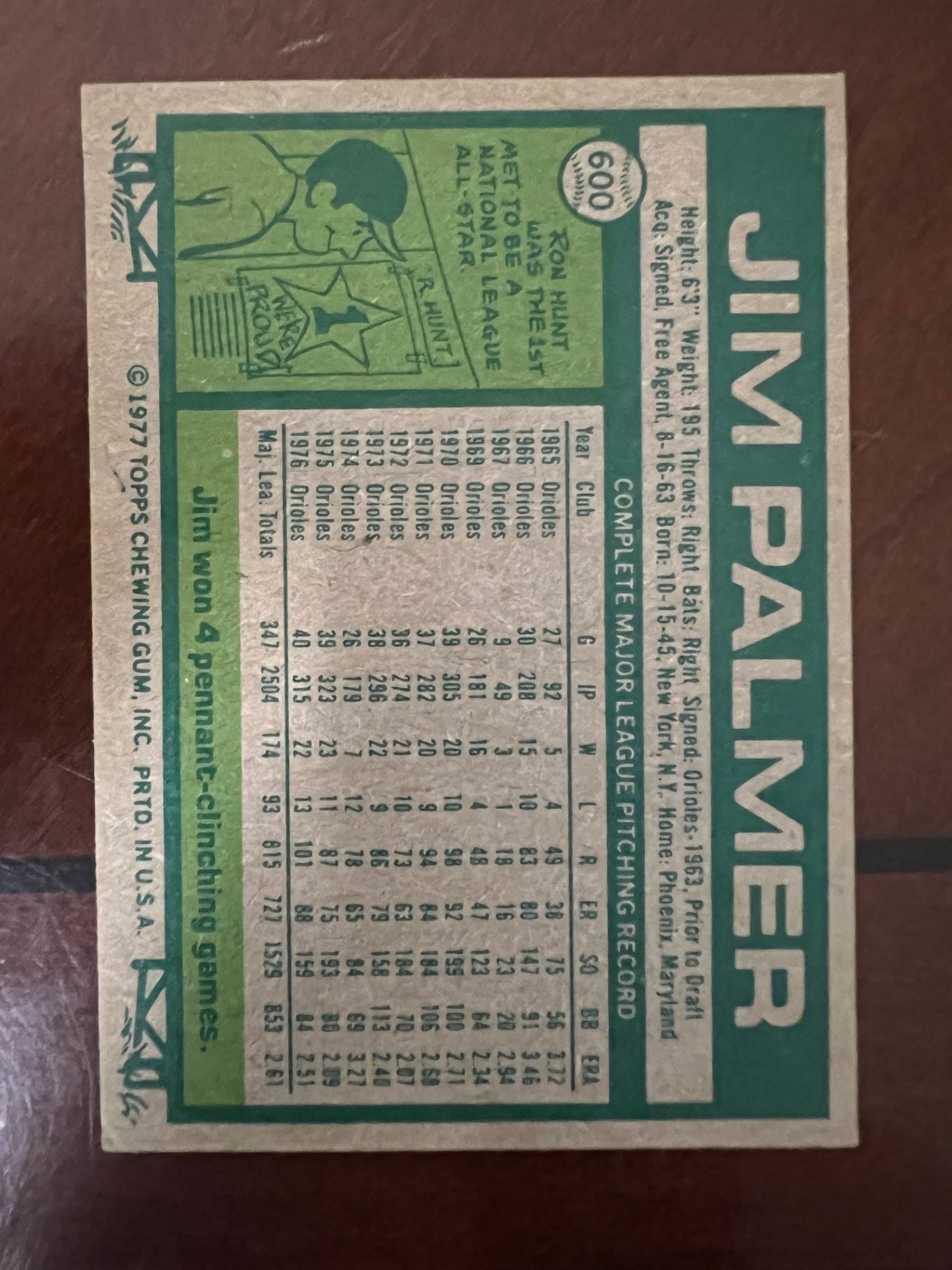 1977 Topps Jim Palmer #600 Orioles HOF