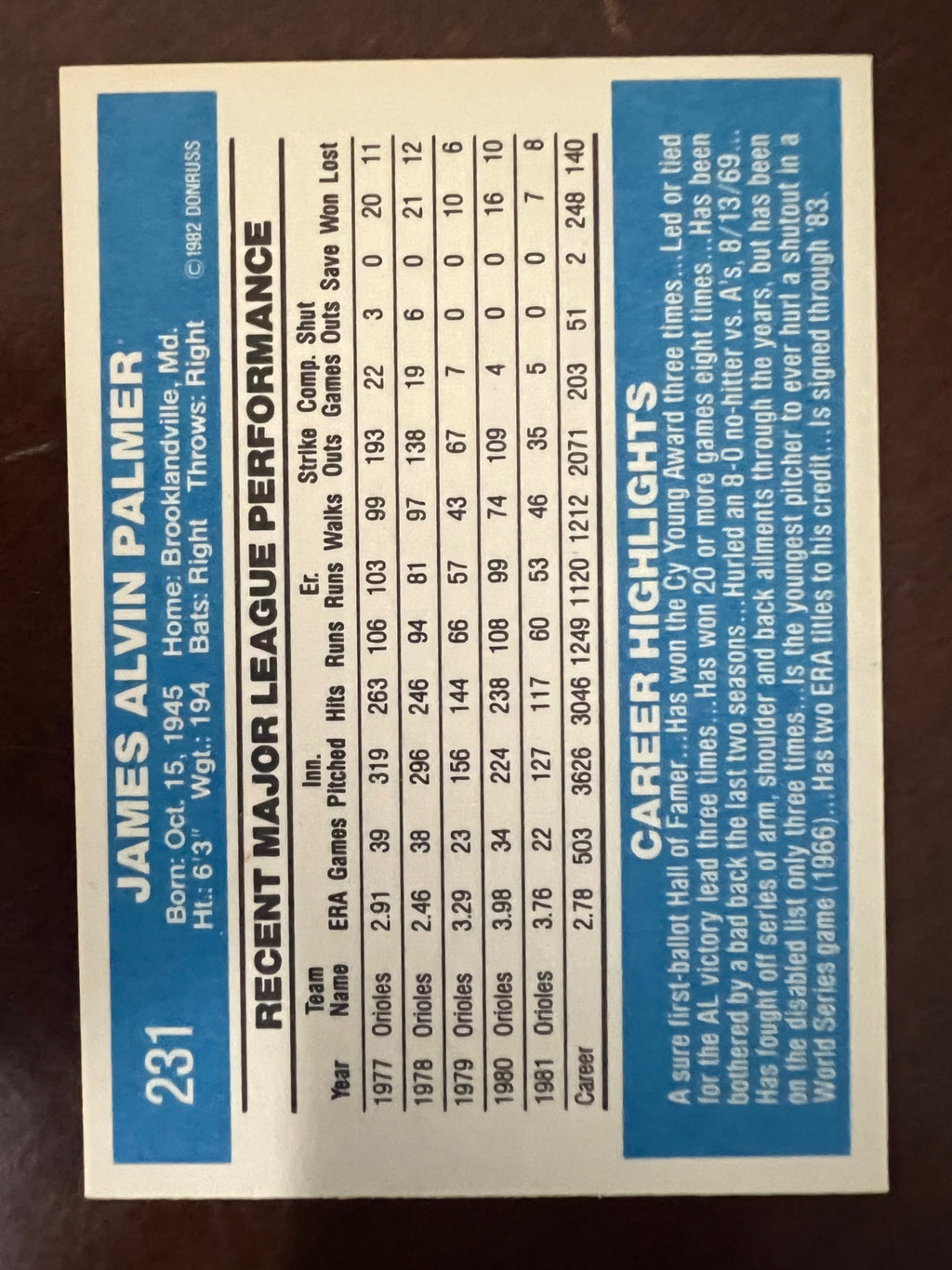 1982 Donruss Jim Palmer #231 Orioles HOF