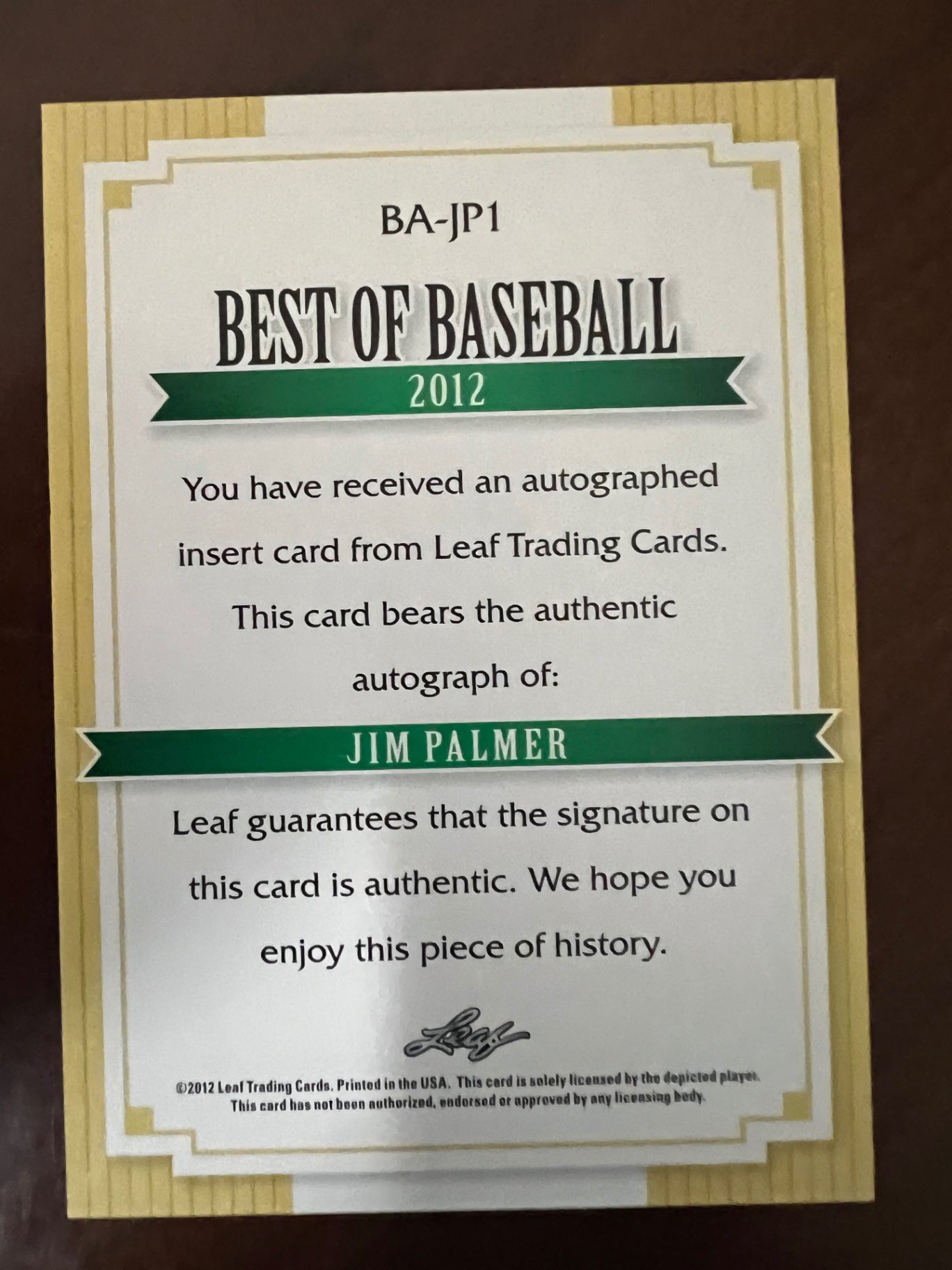 2012 Leaf Best of Baseball Jim Palmer #BA-JP1 Auto