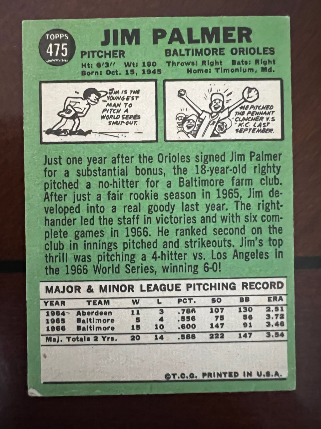 1967 Topps Jim Palmer #475 Orioles HOF