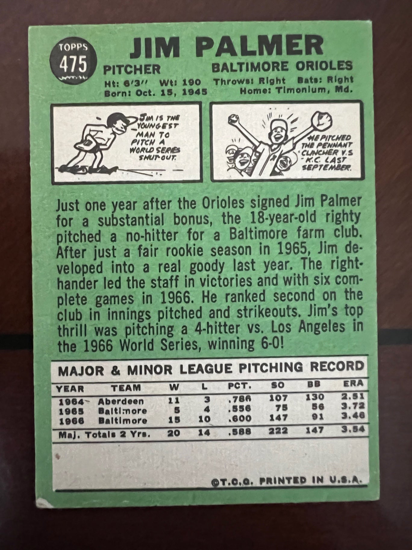 1967 Topps Jim Palmer #475 Orioles HOF