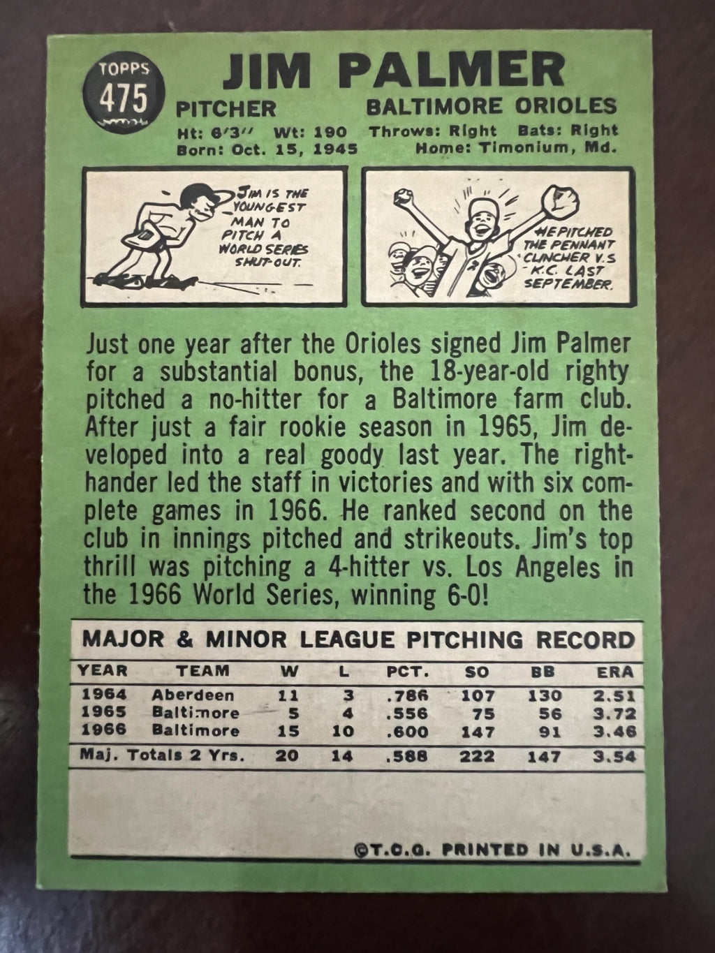 1967 Topps Jim Palmer #475 Orioles HOF