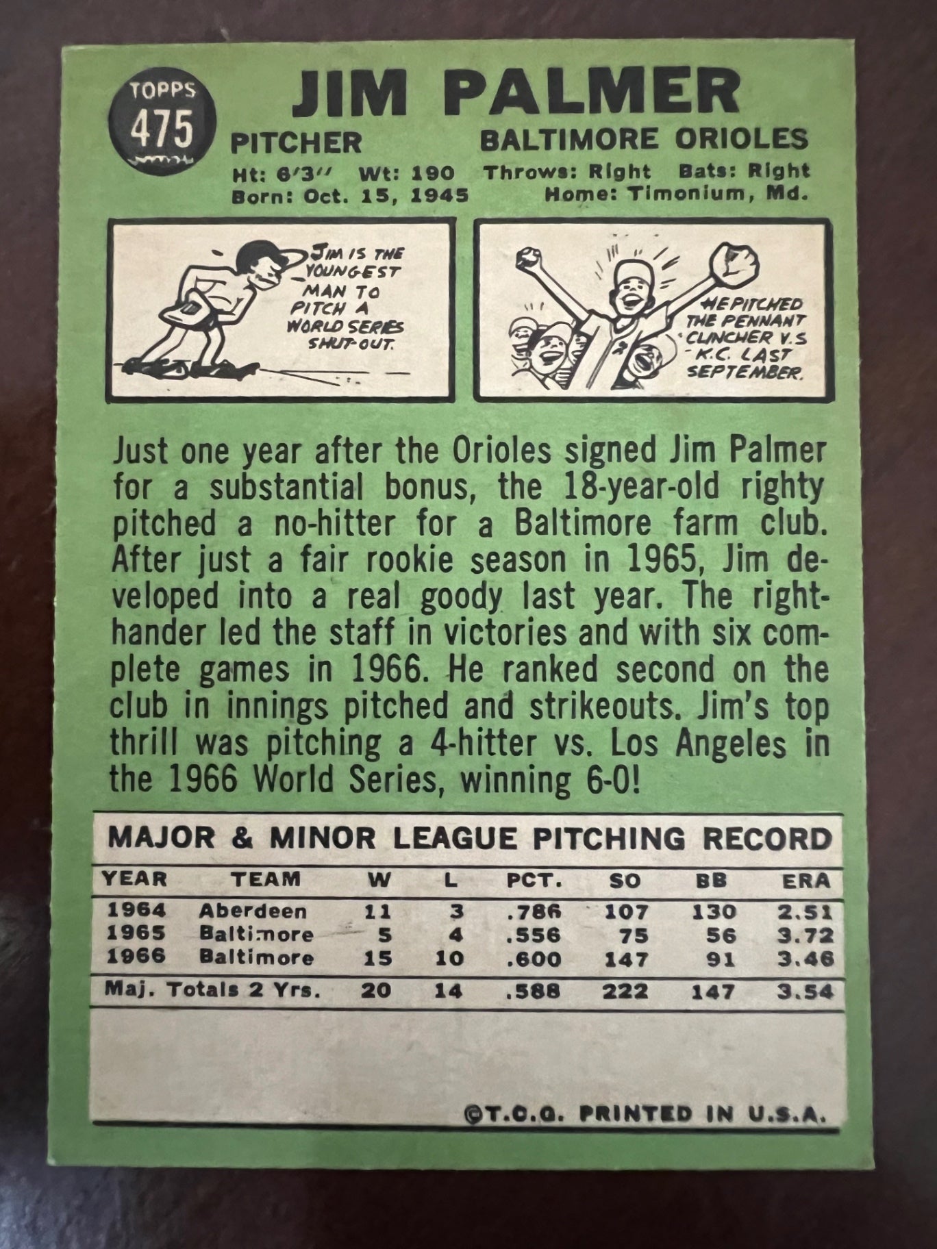 1967 Topps Jim Palmer #475 Orioles HOF