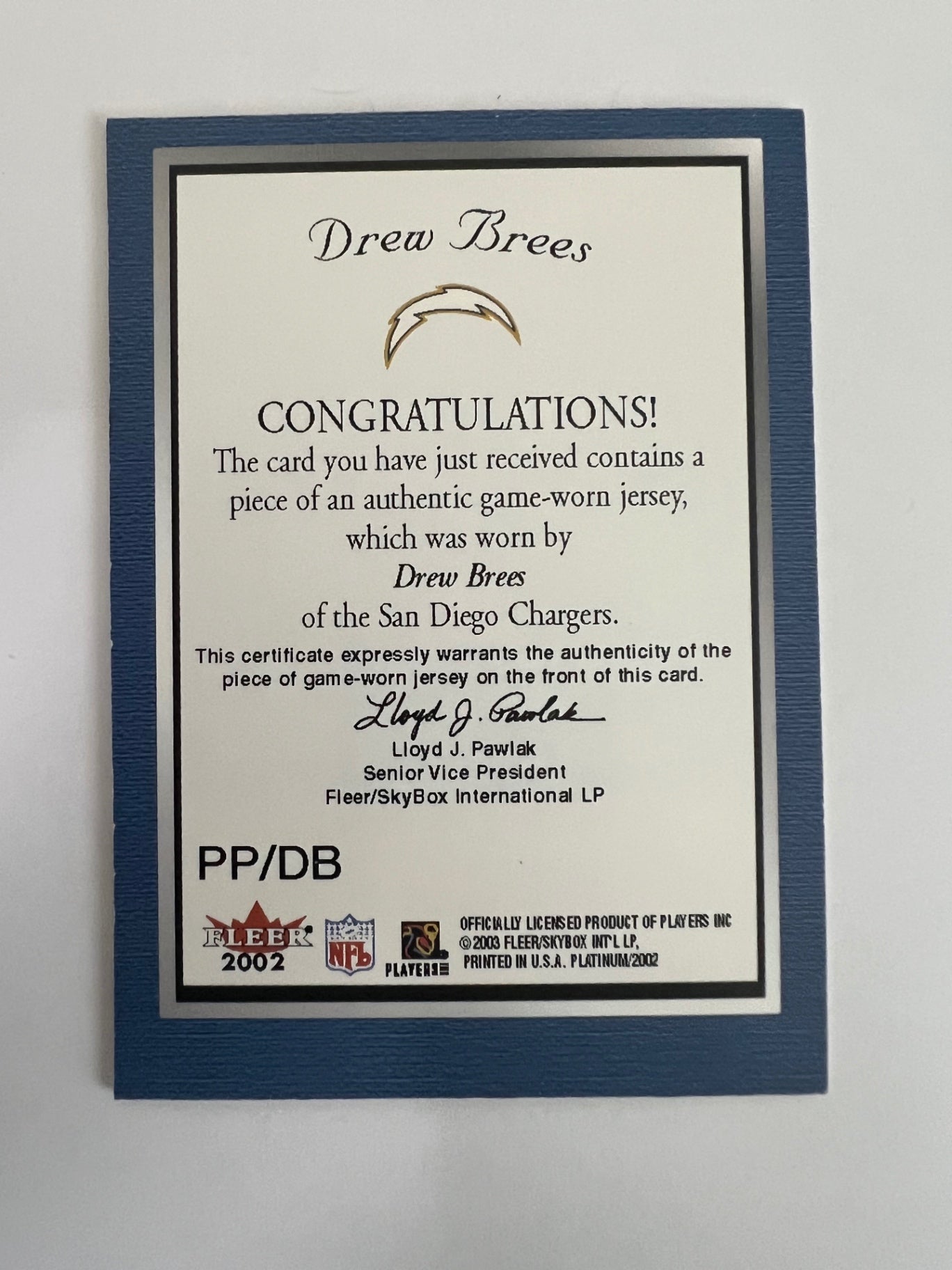 2002 Fleer Platinum Drew Brees Jersey Card
