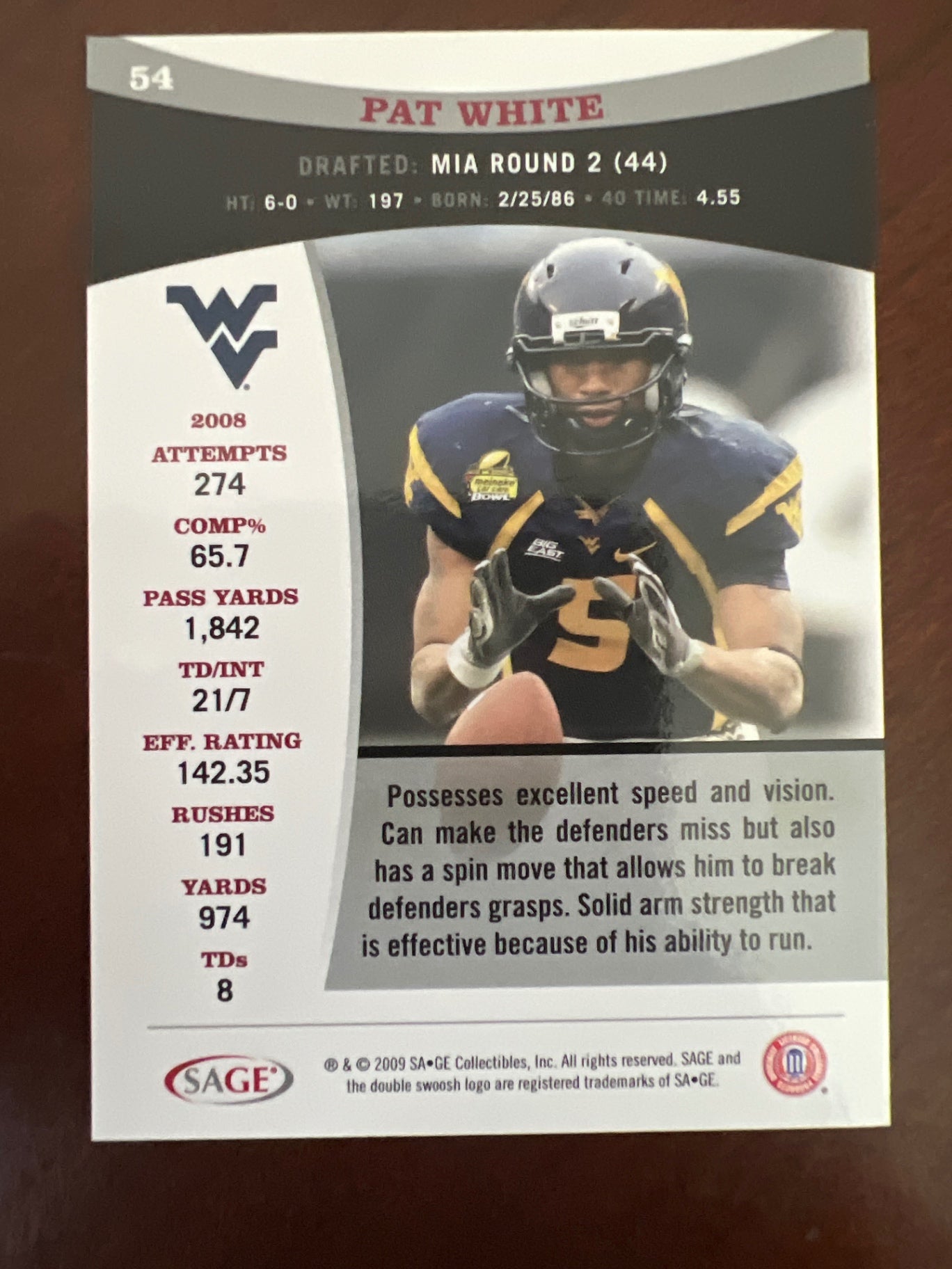 2009 SA-GE Sage Pat White #54 Rookie RC