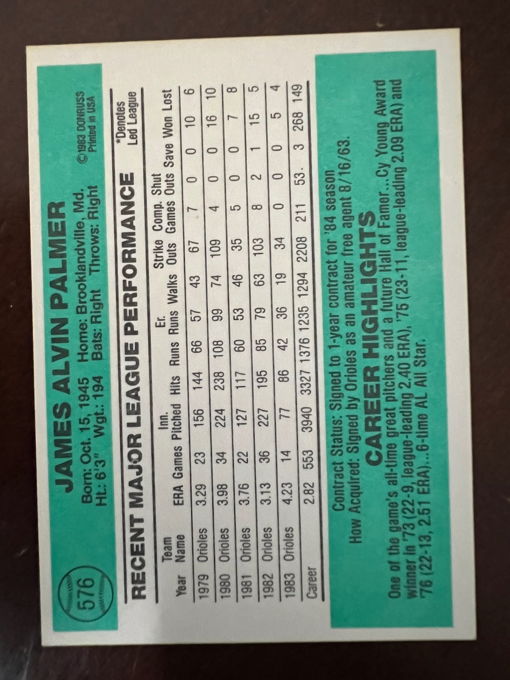 1984 Donruss Jim Palmer #576 Orioles HOF