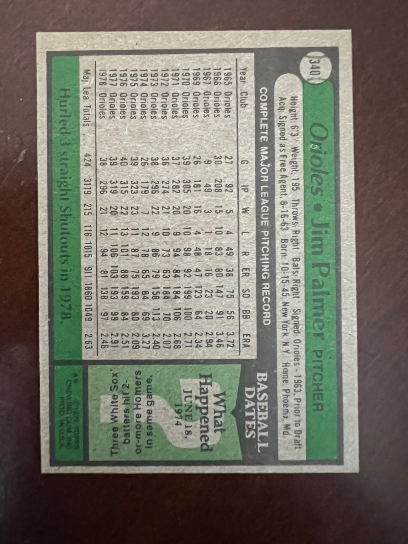 1979 Topps Jim Palmer #340 Orioles HOF