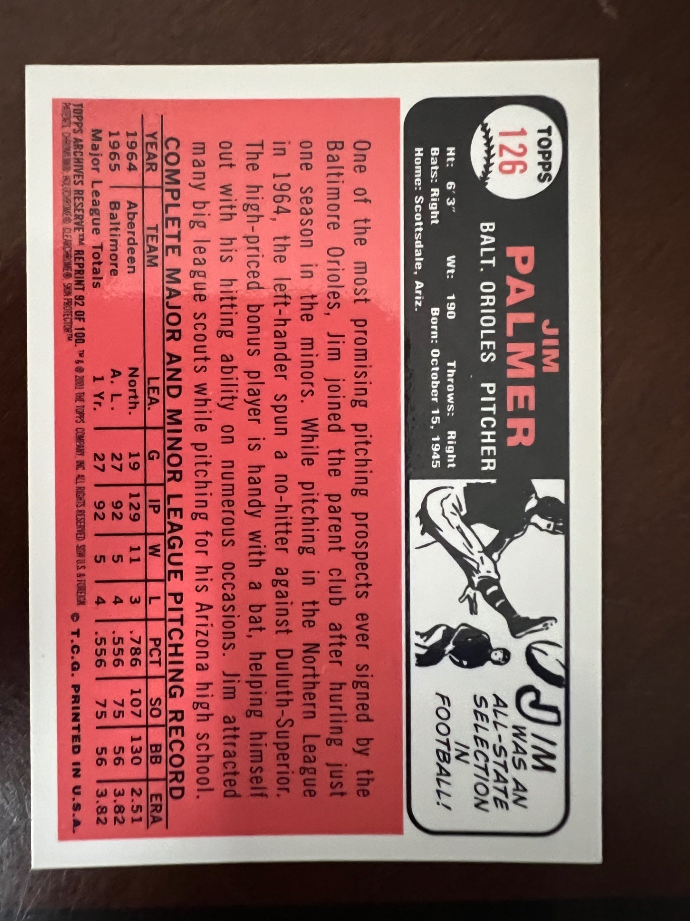 2001 Topps Archives Reserve Jim Palmer #92 1966 Rookie