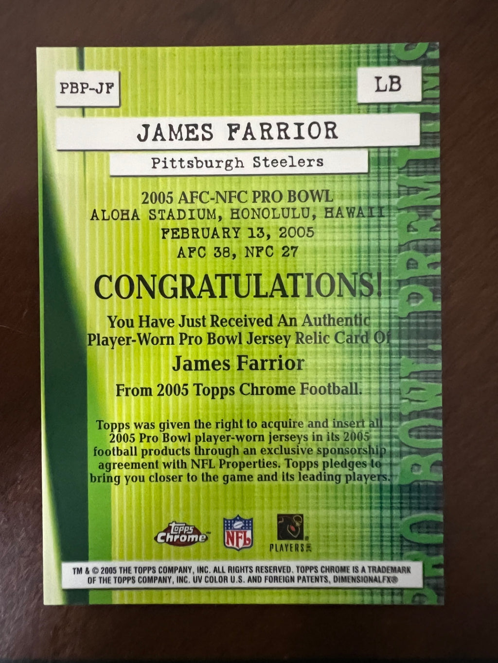 2005 Topps Chrome James Farrior #PBP-JF Jersey