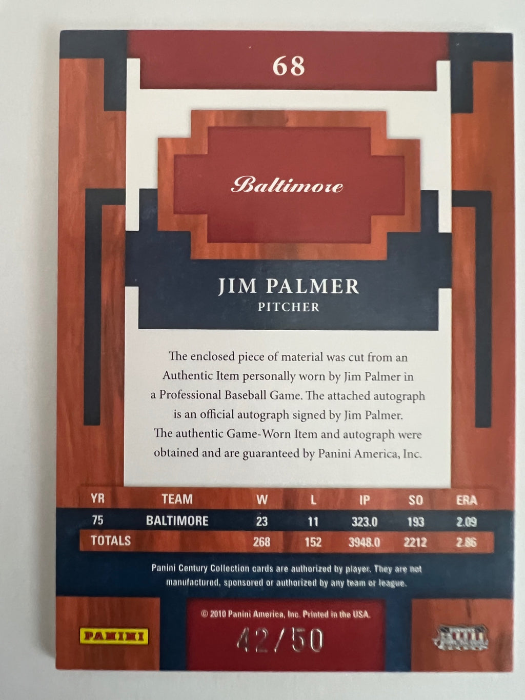 2010 Panini Century Jim Palmer Auto Patch /50