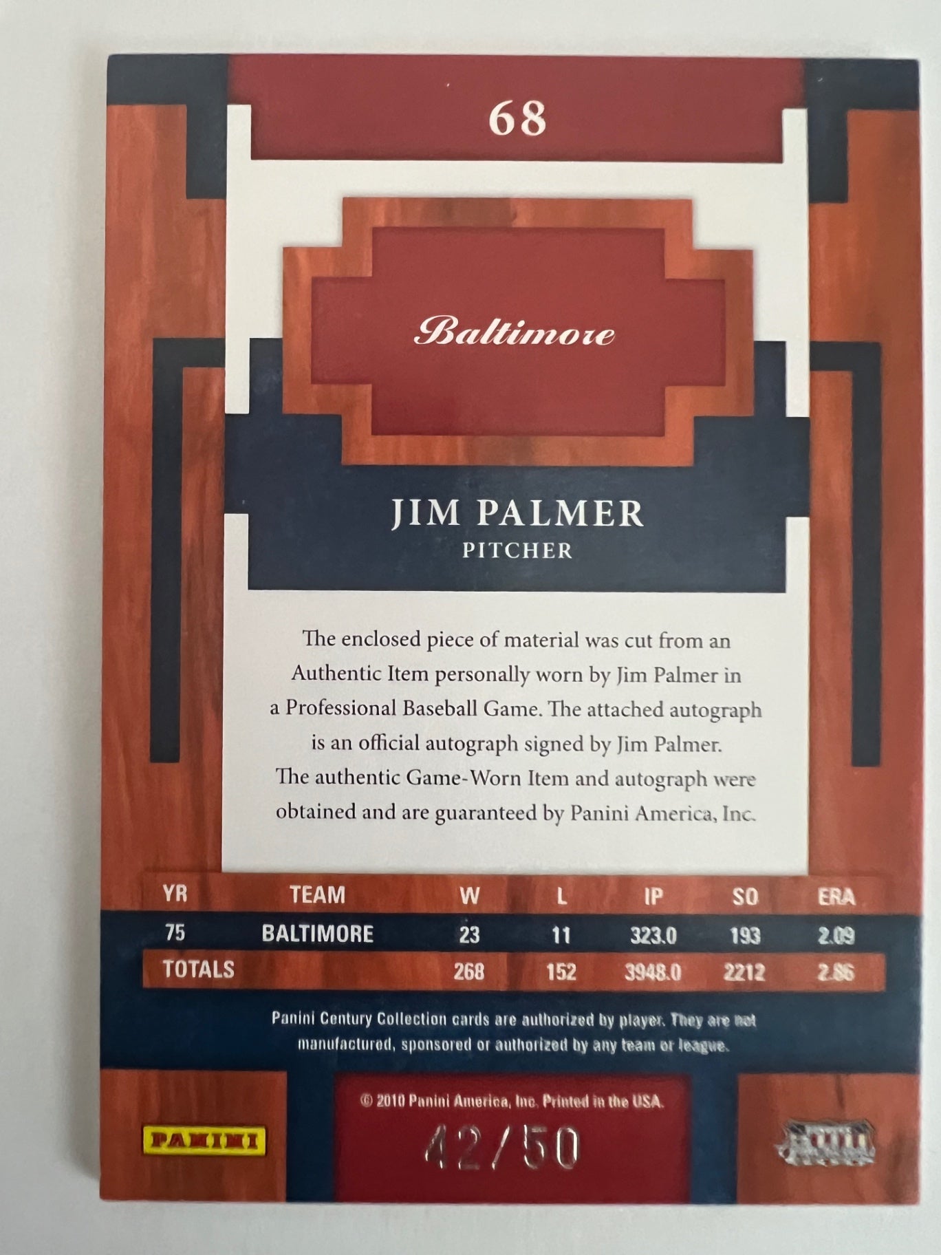 2010 Panini Century Jim Palmer Auto Patch /50