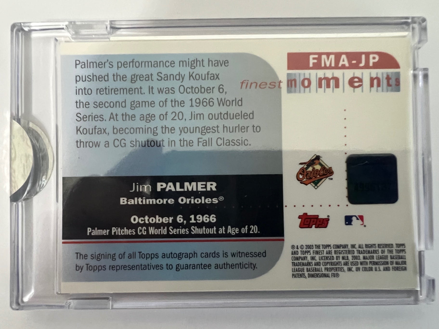 2003 Topps Finest Moments Jim Palmer Auto