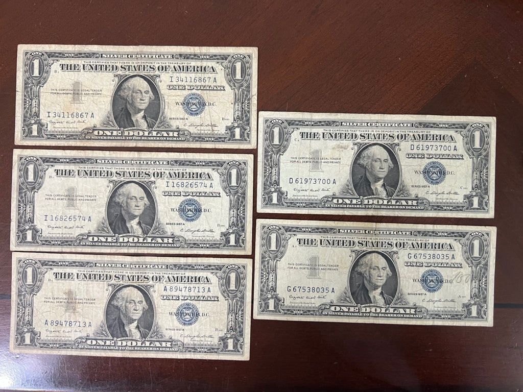 Lot of (5) 1957-A $1 Silver Certificates - Blue Seals - Smith/Dillon Signatures