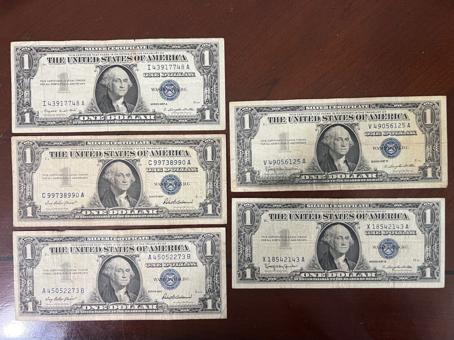 Lot of (5) $1 Silver Certificates - Mixed 1957, 1957A, 1957B - Blue Seals